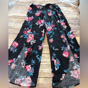 living doll Black Wide-Leg Floral Pants with Pink & Blue Blooms